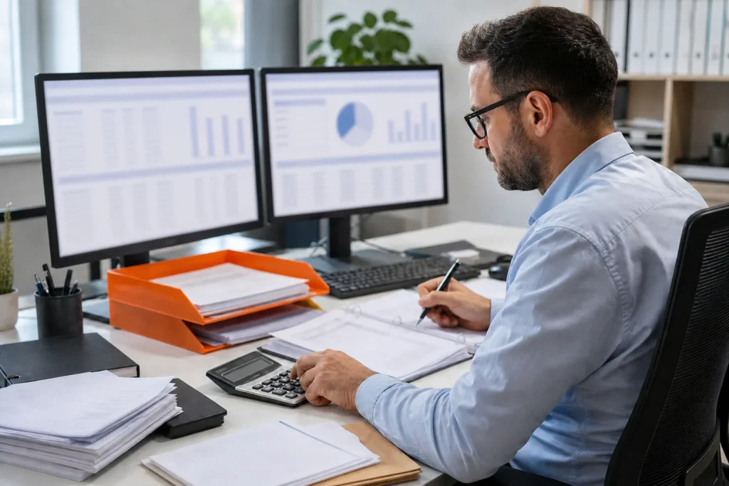 Profesional gestionando la contabilidad de una empresa con herramientas informáticas