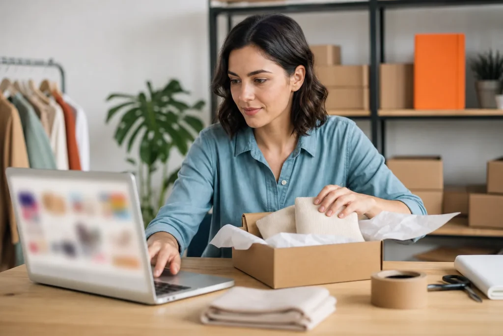 Emprendedora preparando un pedido mientras gestiona su negocio en línea