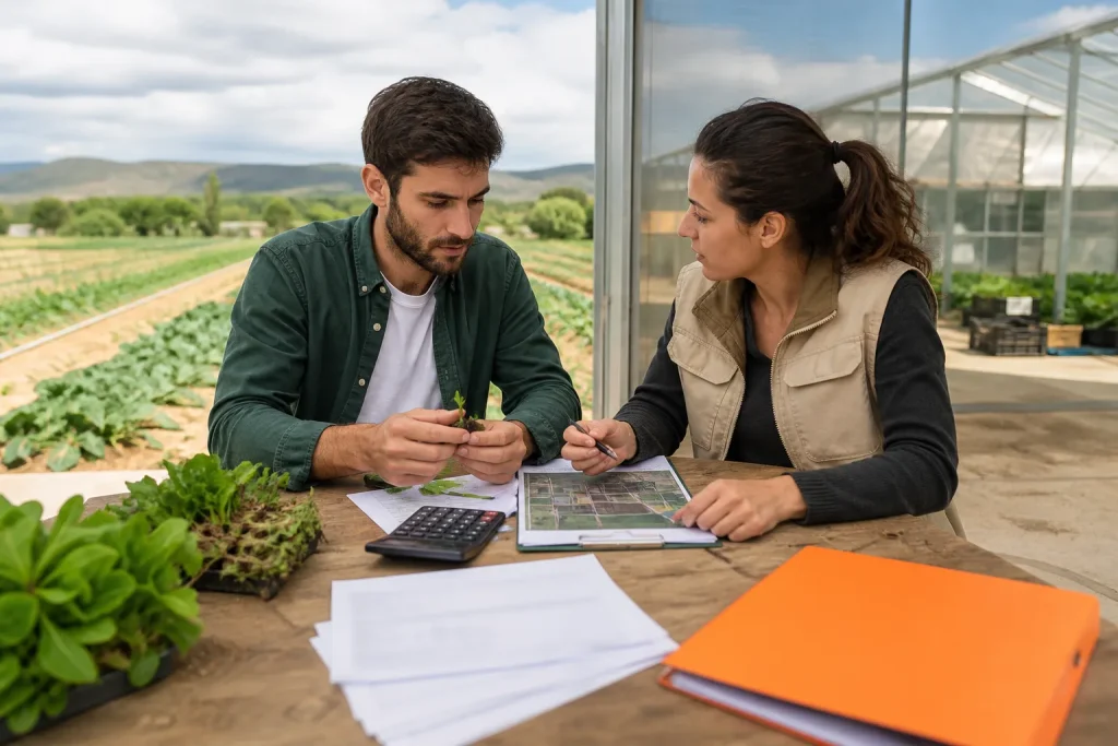 Joven agricultor y asesora revisando la gestión de una explotación agraria