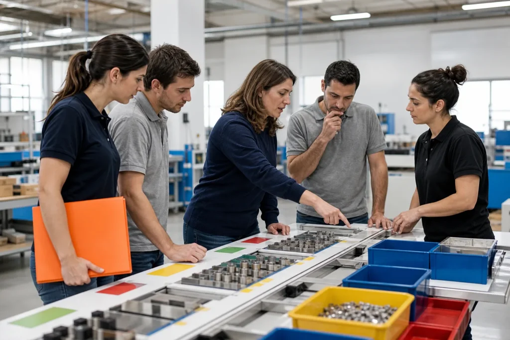 Equipo analizando y mejorando un flujo de trabajo en una planta de producción