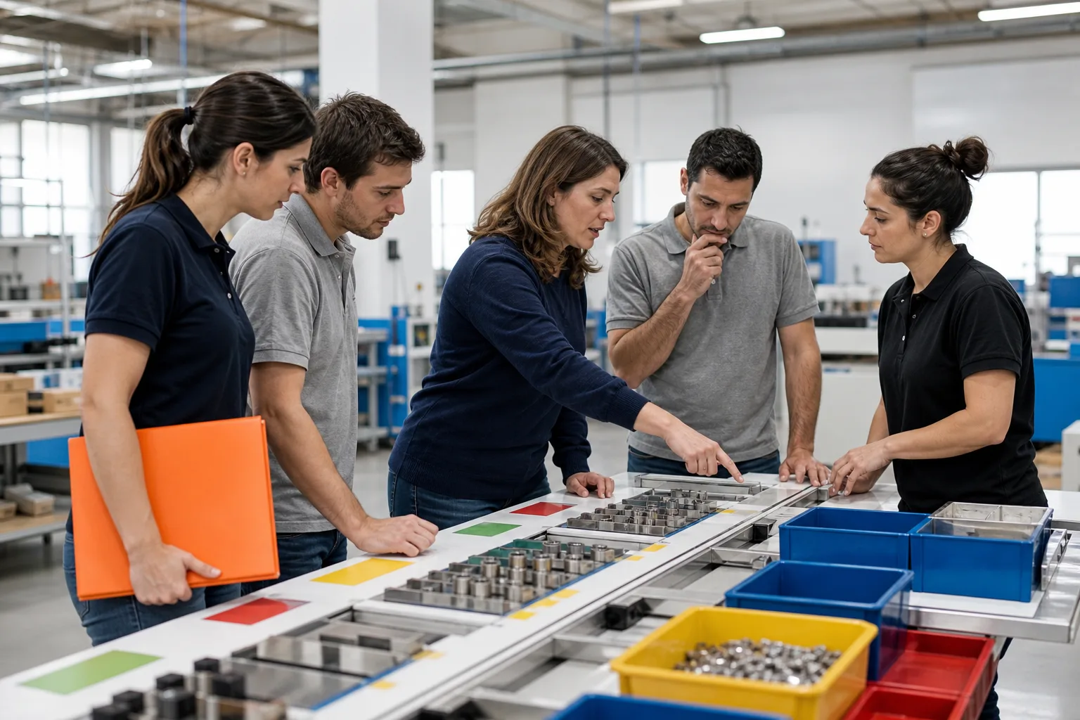Equipo analizando y mejorando un flujo de trabajo en una planta de producción