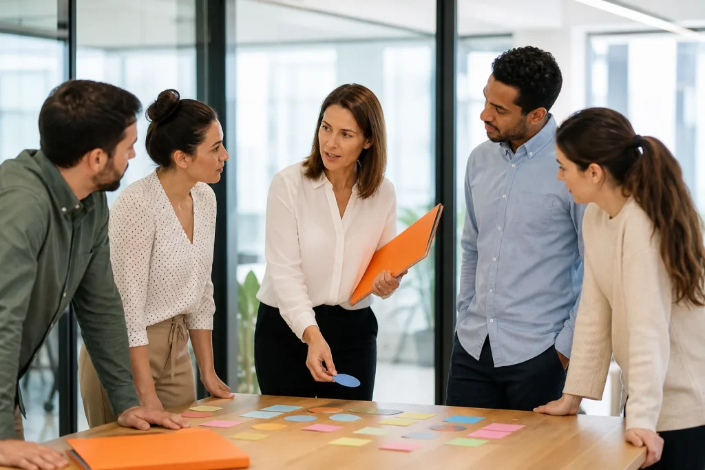 Directora coordinando responsabilidades con su equipo de trabajo