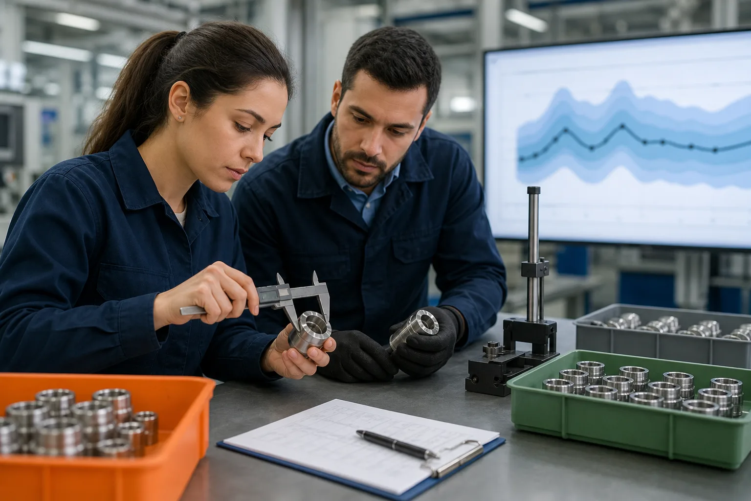 Técnicos de calidad midiendo piezas para mejorar la capacidad del proceso