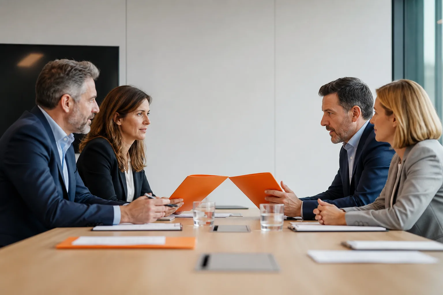 Representantes de trabajadores y empresa participando en una negociación colectiva