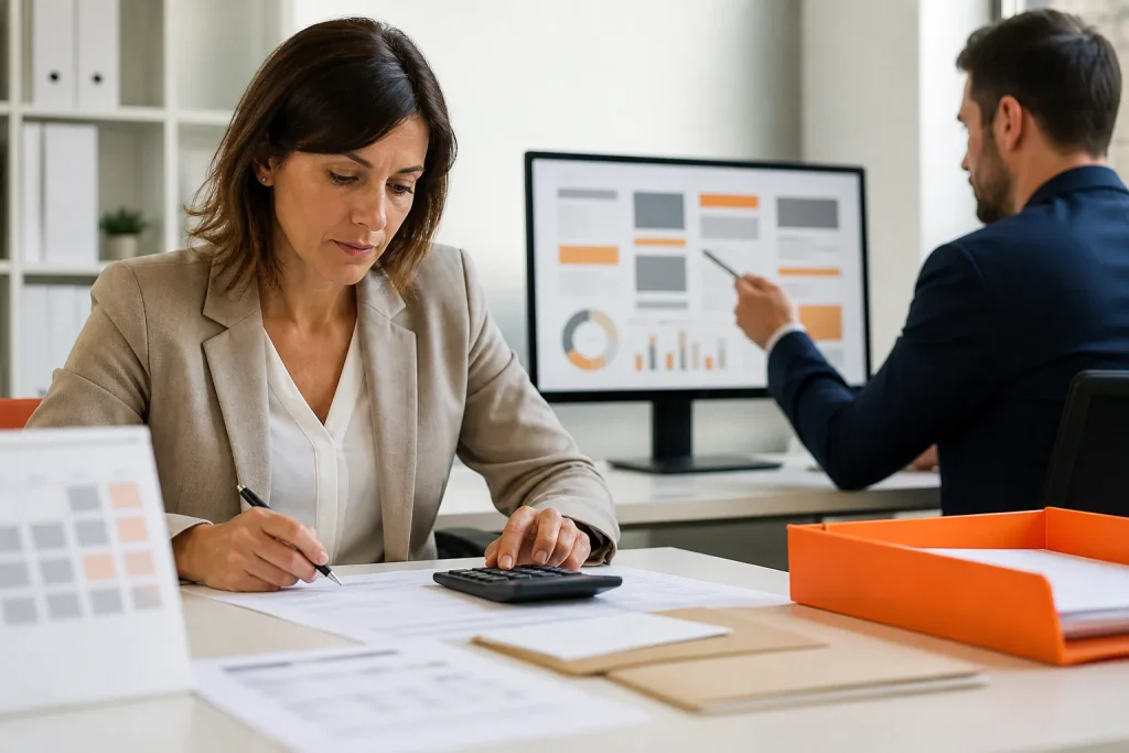 Técnicos de administración laboral revisando el cálculo de nóminas