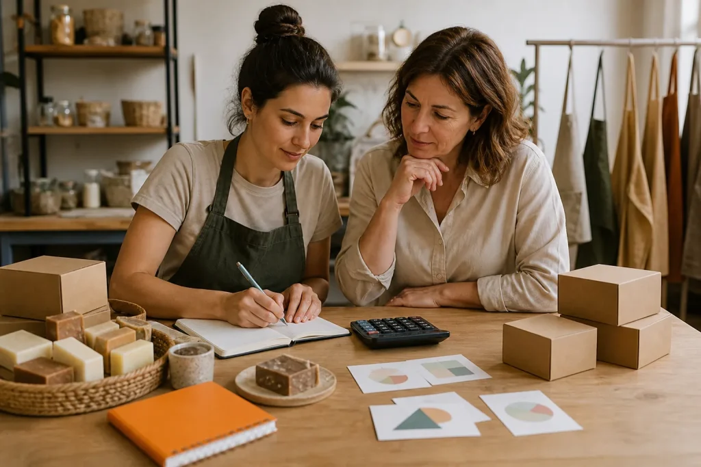 Emprendedora elaborando el plan de negocio de una microempresa artesanal