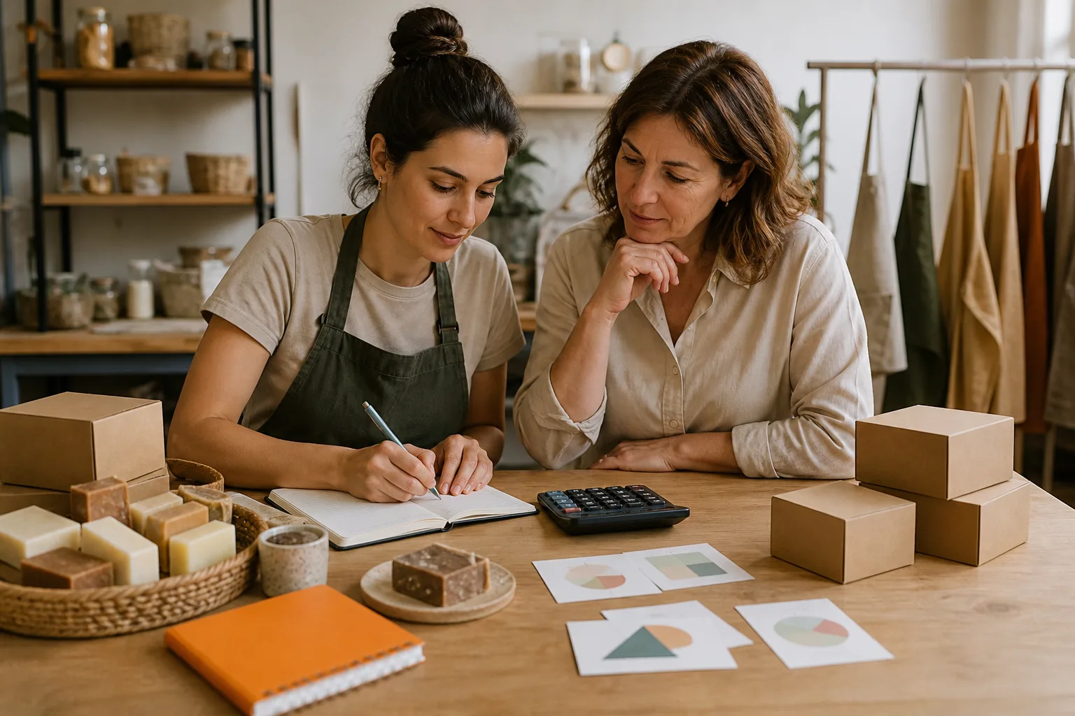 Emprendedora elaborando el plan de negocio de una microempresa artesanal