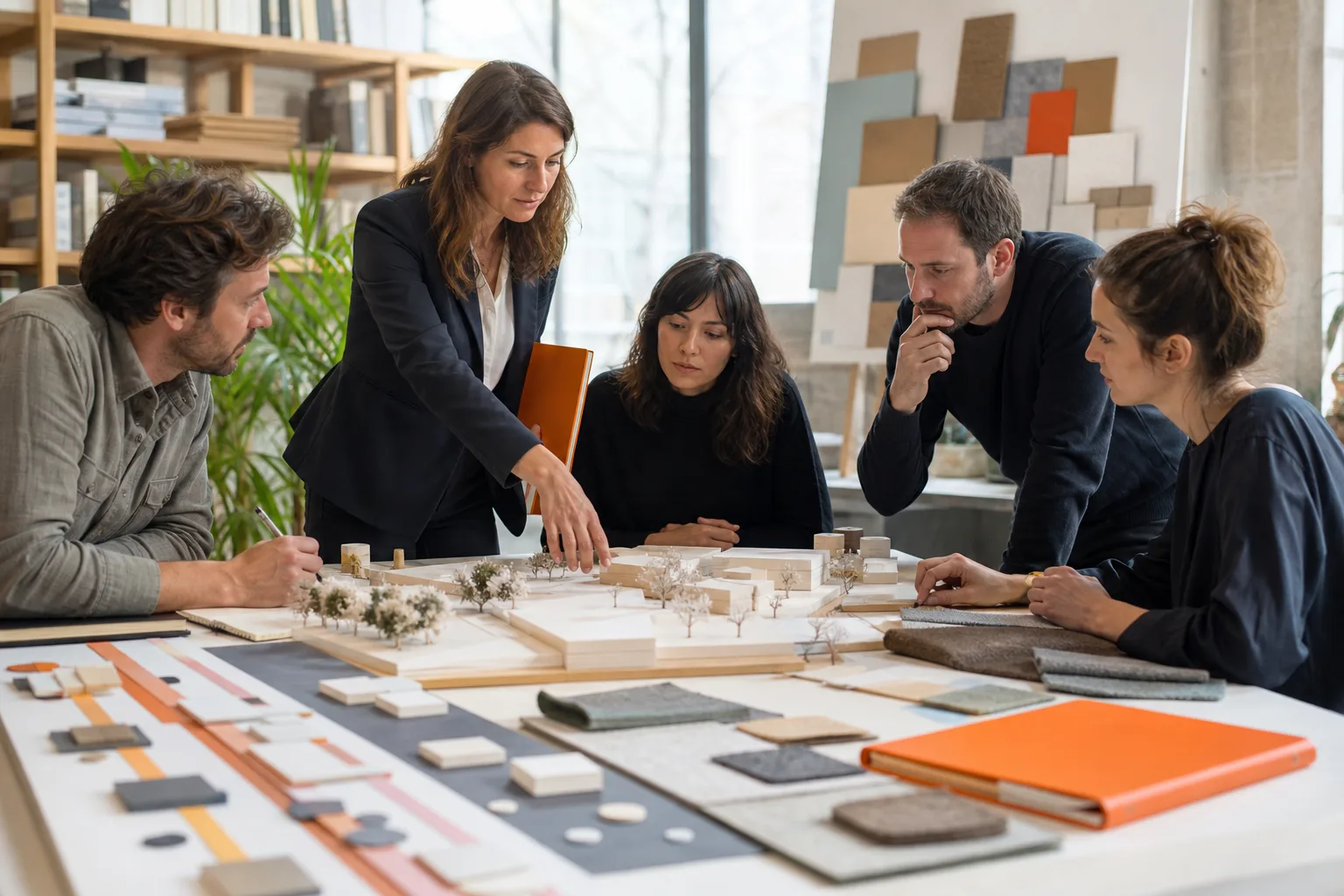 Equipo planificando un proyecto cultural con maqueta y materiales