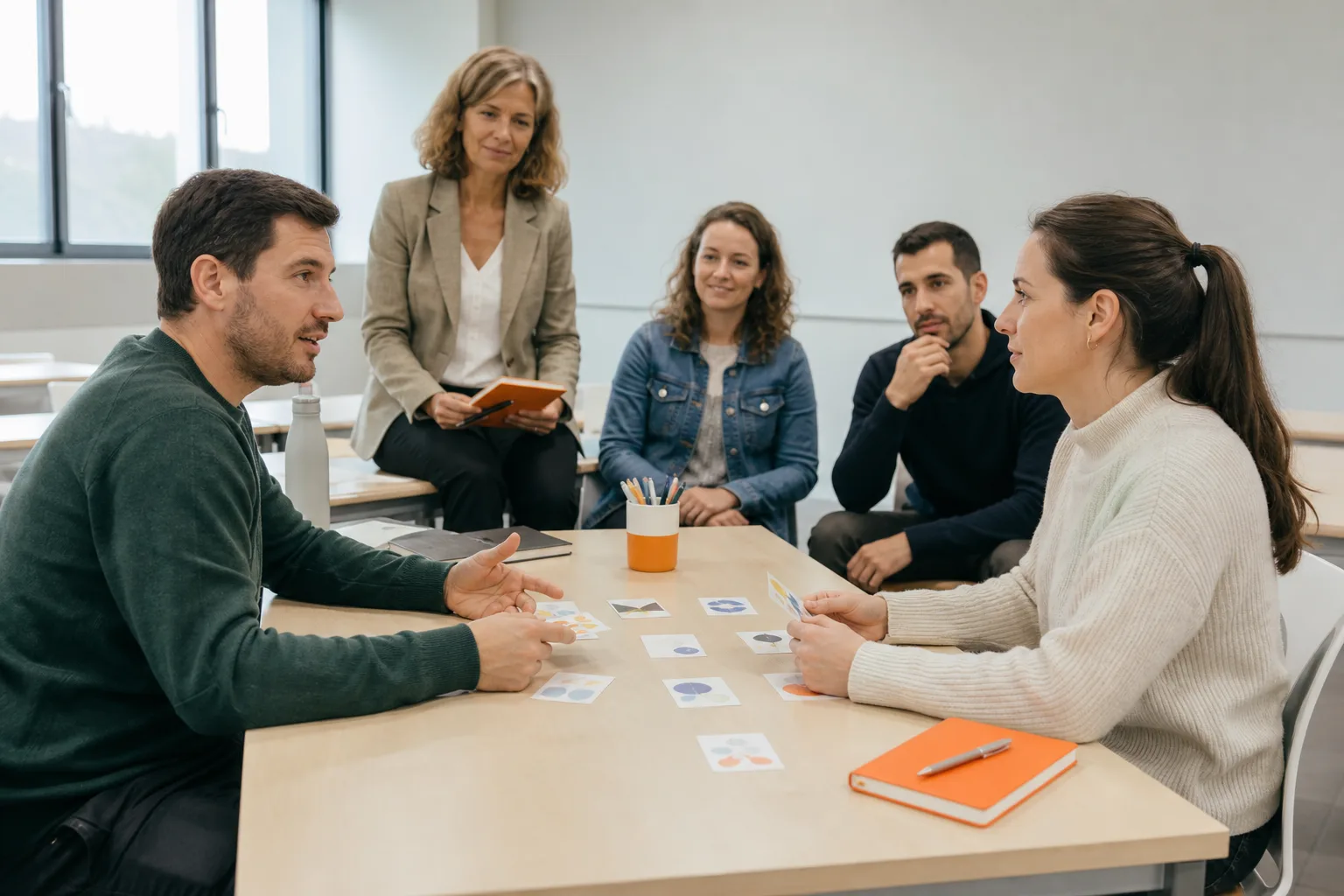 Participantes practicando negociación y resolución de conflictos en un aula