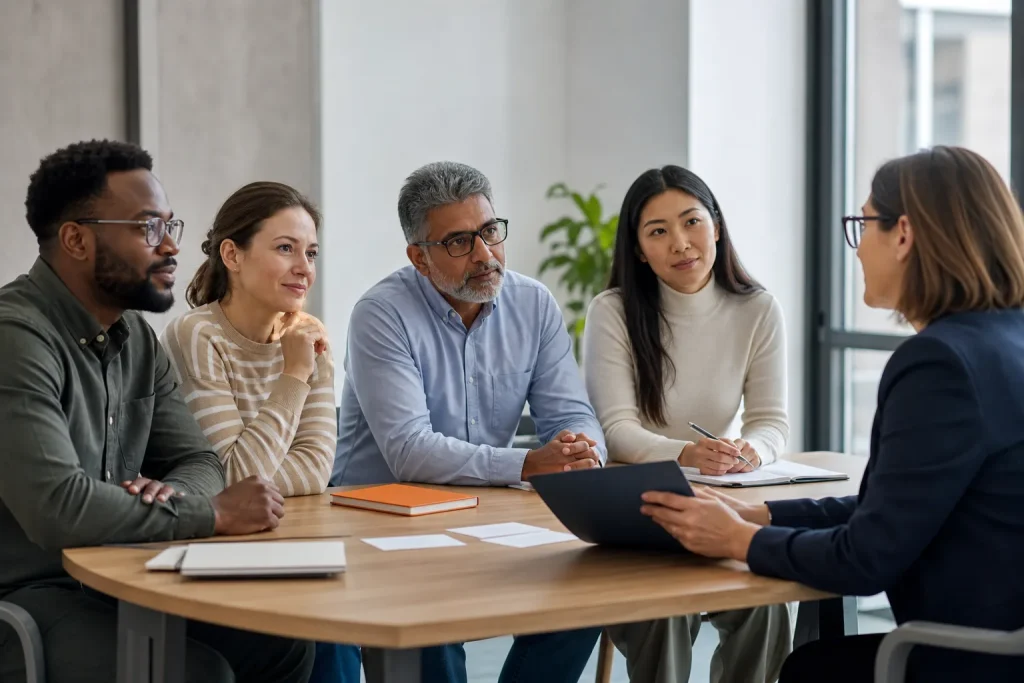 Grupo diverso de profesionales escucha una sesión sobre igualdad y protección en el trabajo.