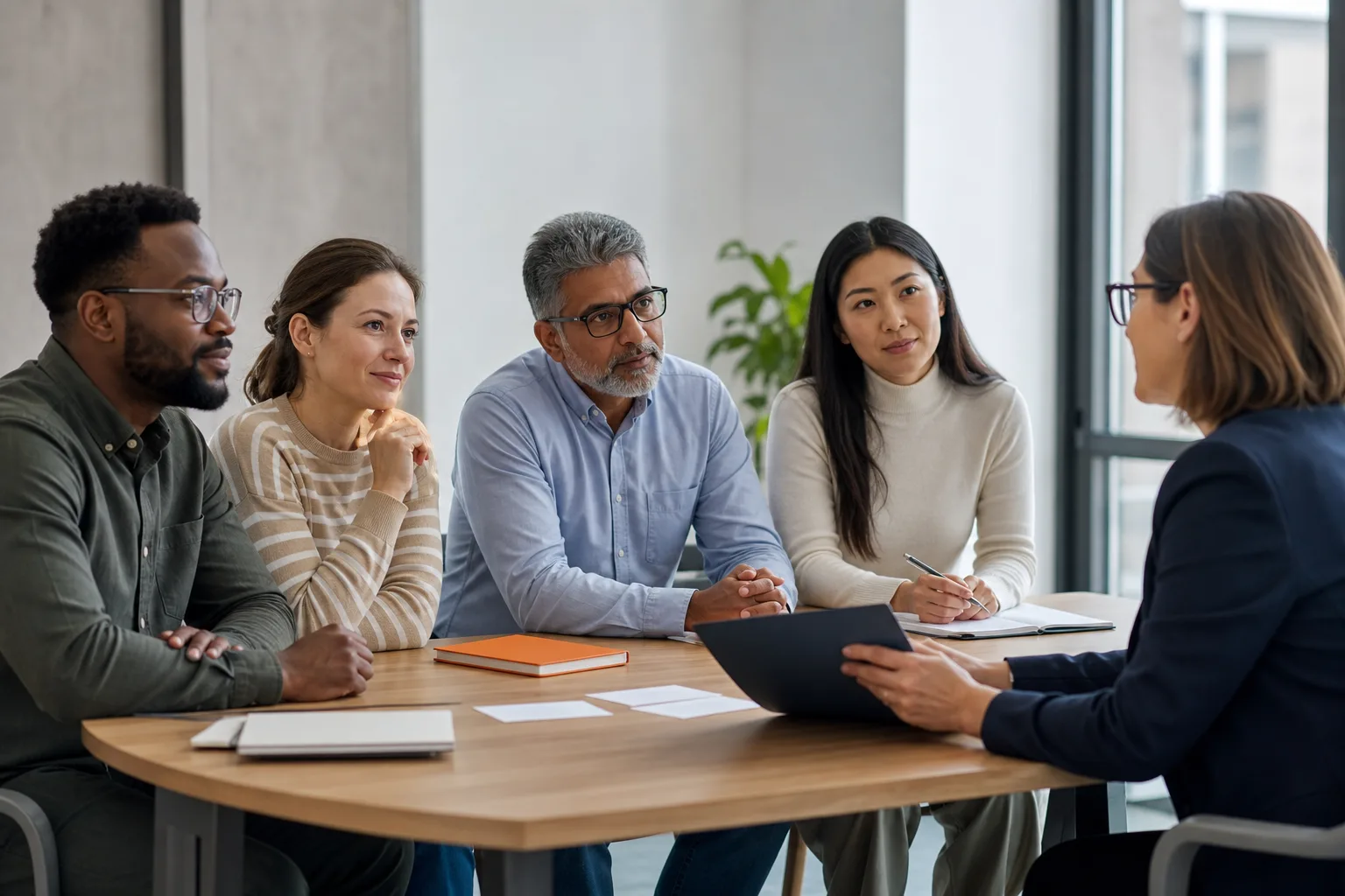 Grupo diverso de profesionales escucha una sesión sobre igualdad y protección en el trabajo.