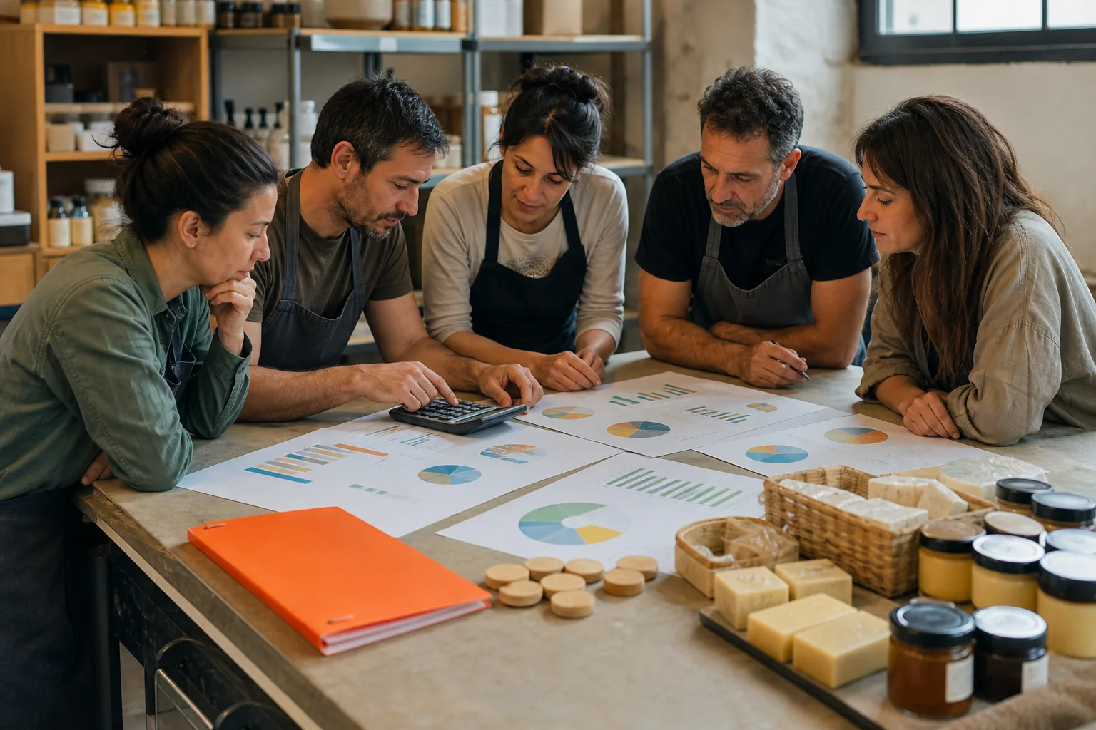 Socios de una cooperativa analizando juntos sus resultados económicos