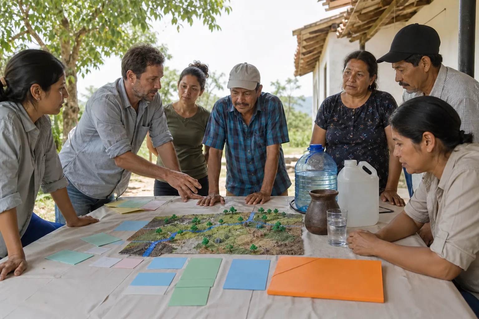 Equipo y comunidad planificando un proyecto de cooperación para el desarrollo