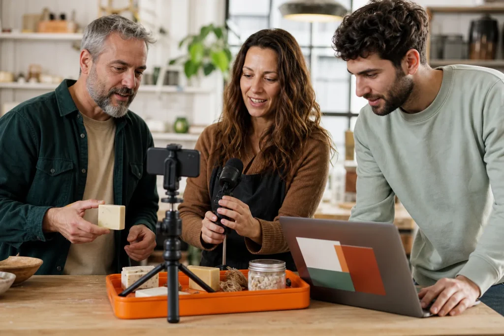 Socios de una cooperativa creando contenido digital con herramientas asequibles