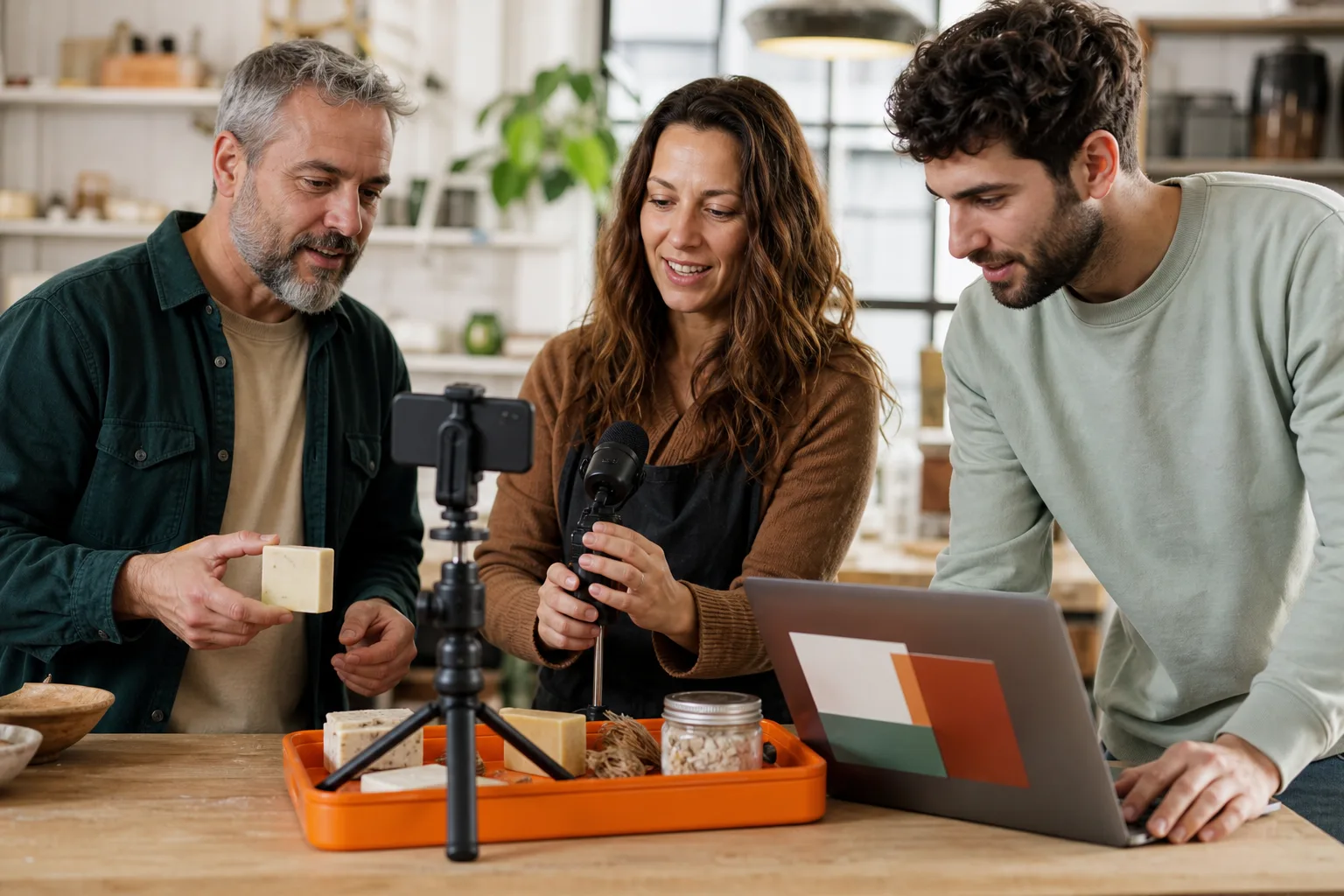 Socios de una cooperativa creando contenido digital con herramientas asequibles