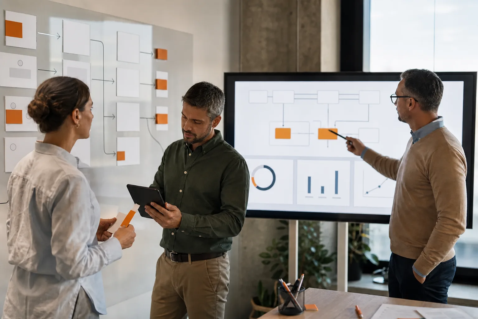 Tres profesionales conectan procesos de trabajo con un flujo digital y paneles de datos.
