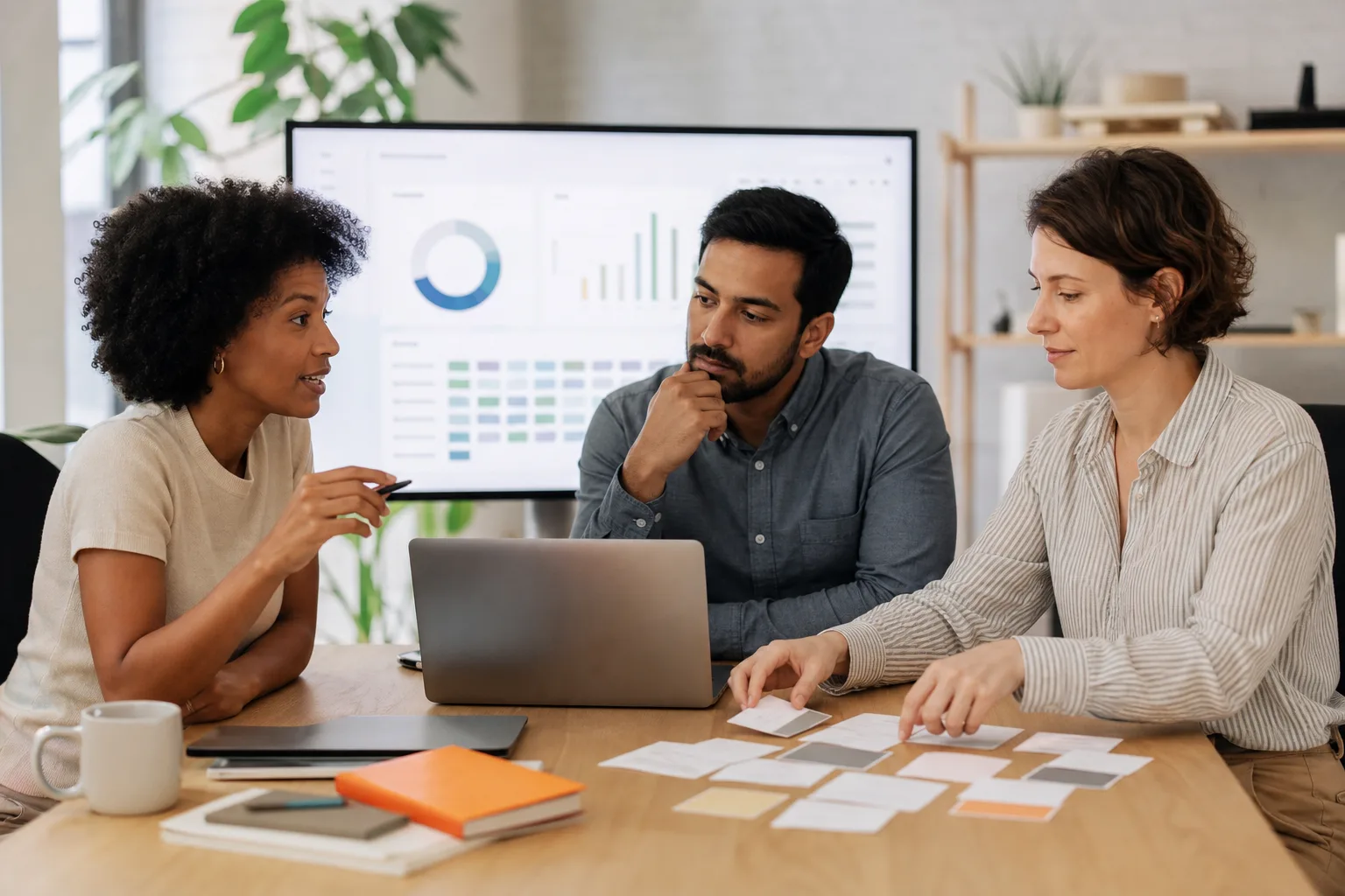 Equipo de recursos humanos revisando competencias y un plan digital de desarrollo profesional.