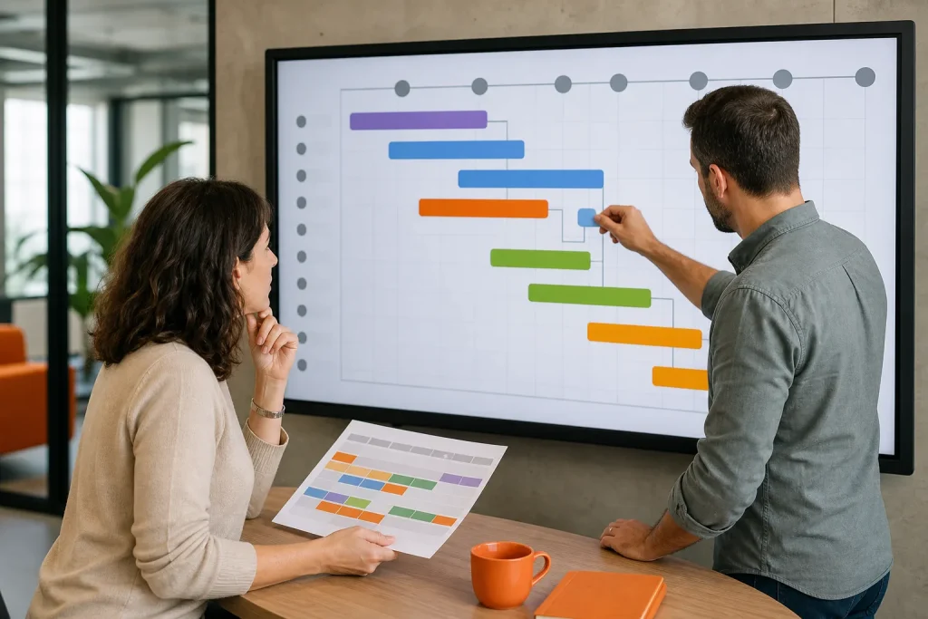 Profesionales planificando tareas y recursos con un cronograma visual de proyecto