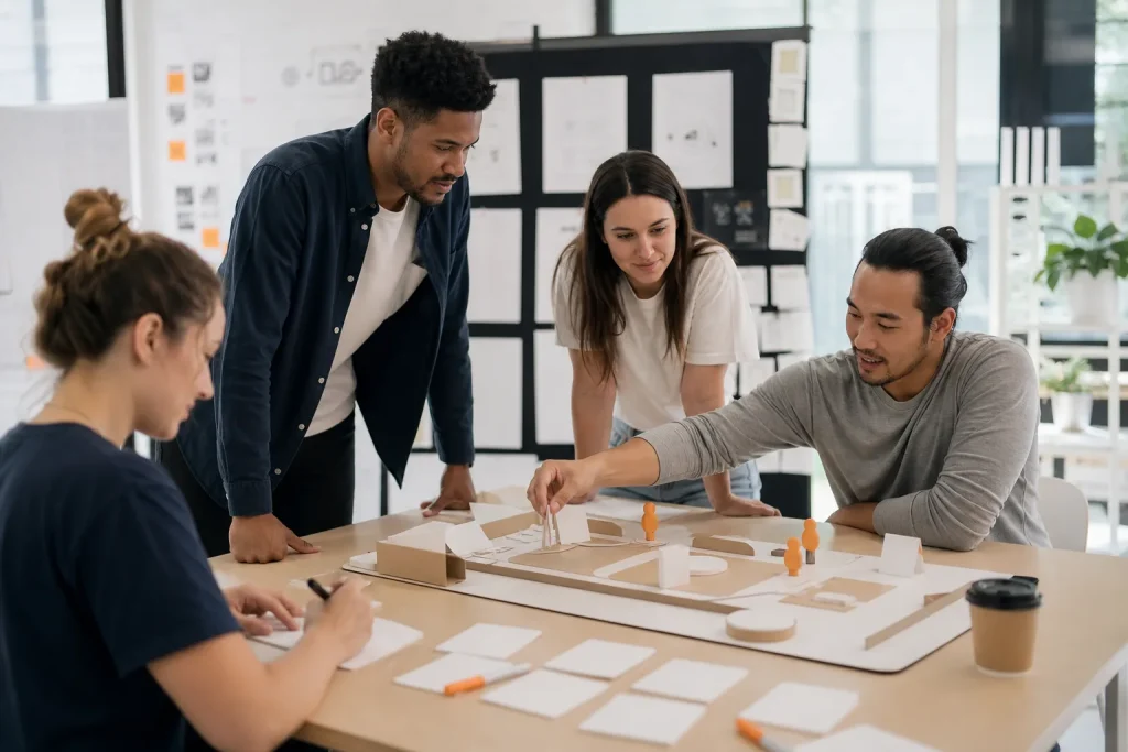 Equipo de diseño observa cómo una persona prueba un prototipo físico de servicio.