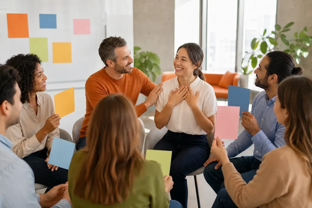 Equipo compartiendo reconocimiento y motivación en una sesión participativa