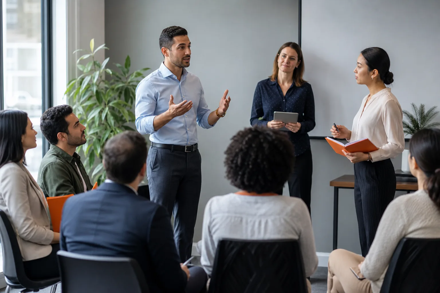 Profesional practica oratoria ante un grupo durante un taller de comunicación y debate.