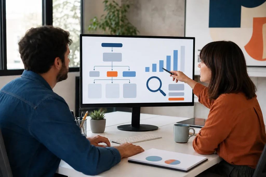 Especialistas analizando la estructura y visibilidad de una web en buscadores