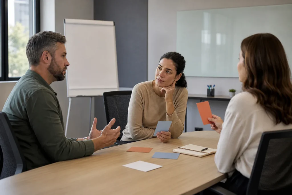 Tres profesionales practican escucha activa y comunicación emocional en una sala de formación.