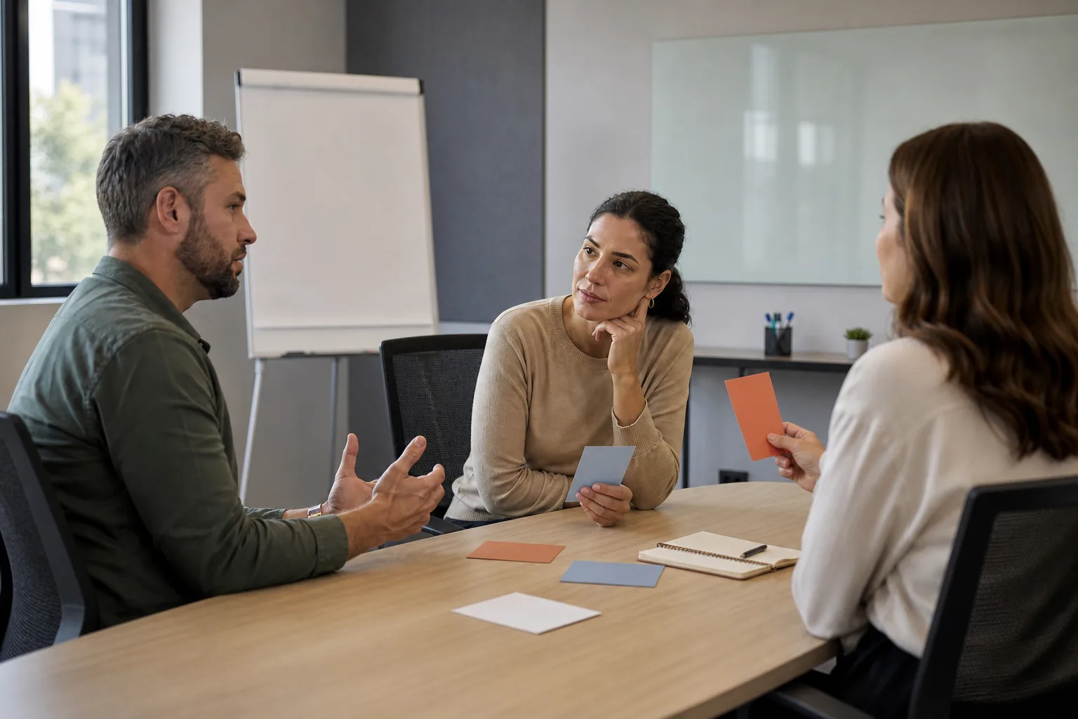 Tres profesionales practican escucha activa y comunicación emocional en una sala de formación.