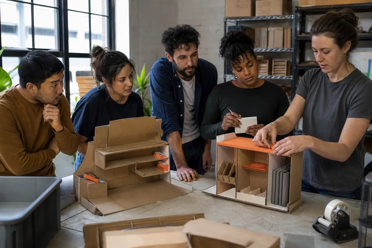 Equipo multidisciplinar compara prototipos para resolver un problema de trabajo de forma colaborativa.