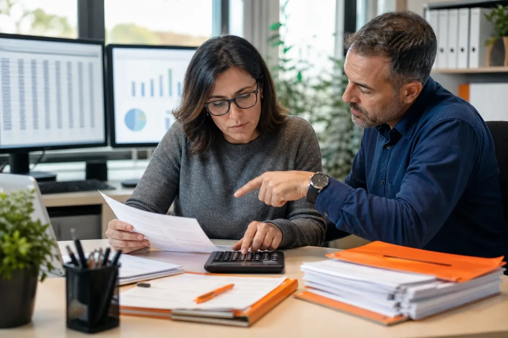 Dos profesionales revisan cuentas y documentación fiscal con una calculadora.