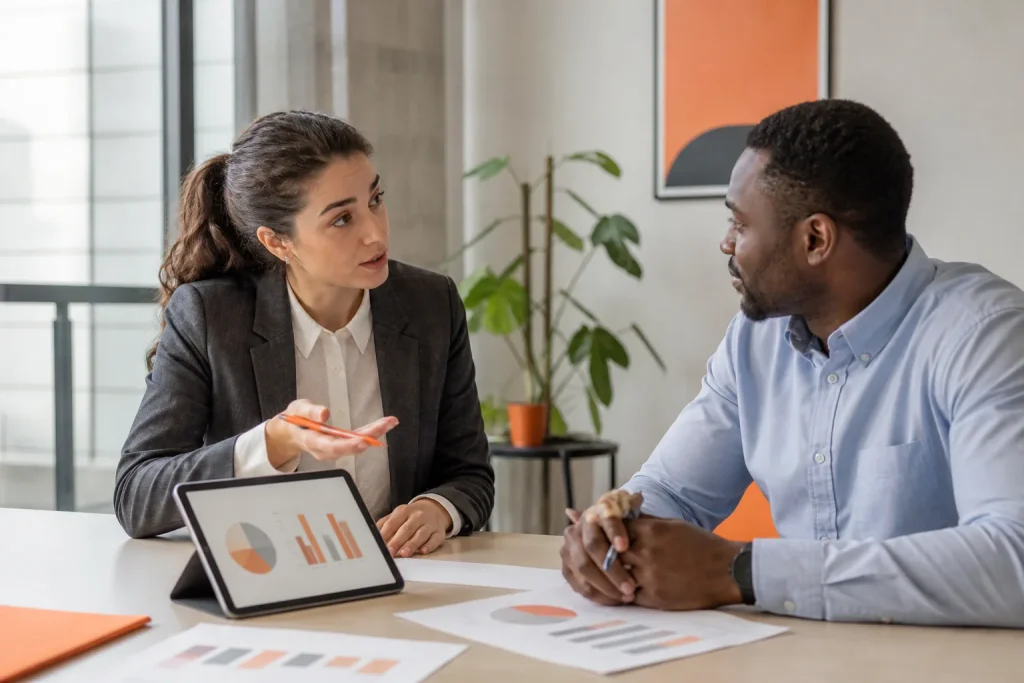 Dos profesionales practican inglés financiero durante una conversación de trabajo.