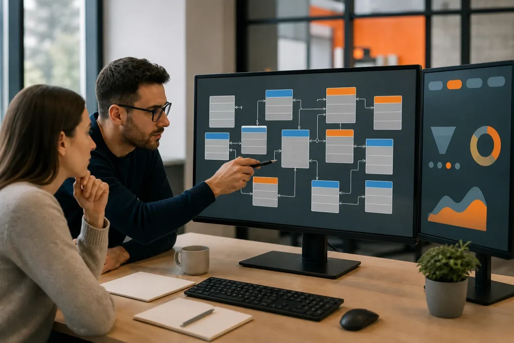 Especialistas optimizando relaciones y consultas en una base de datos avanzada
