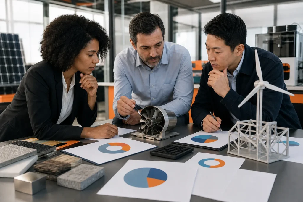 Equipo evaluando la viabilidad técnica y económica de un proyecto de ingeniería