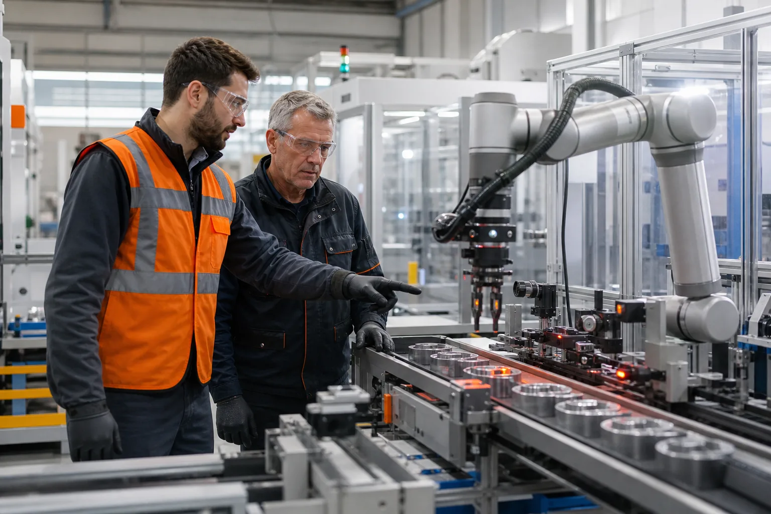 Profesionales integrando tecnología avanzada en una línea de producción