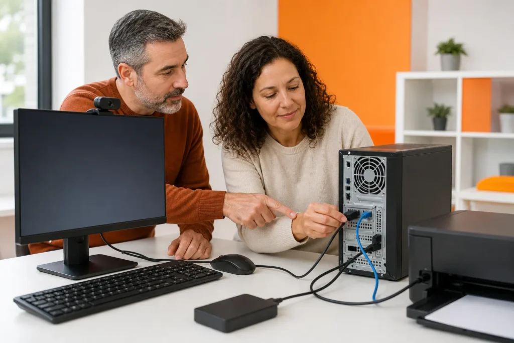 Instructor guiando la conexión de componentes y periféricos de un ordenador