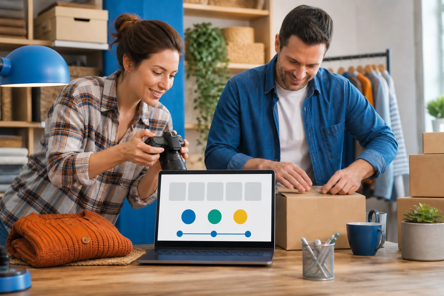 Comerciante utilizando fotografía, pedidos y herramientas de comercio electrónico