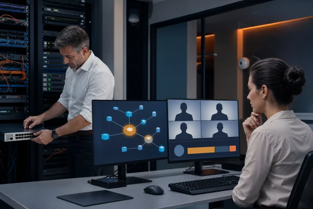 Profesionales gestionando servicios avanzados, redes y comunicación por internet