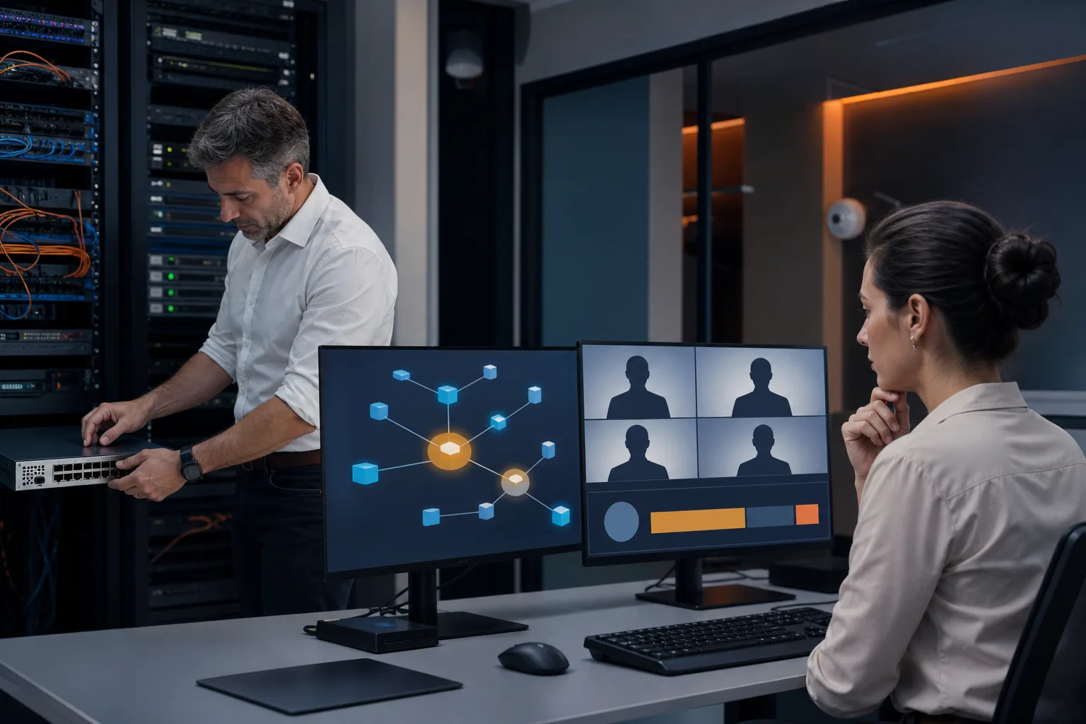 Profesionales gestionando servicios avanzados, redes y comunicación por internet