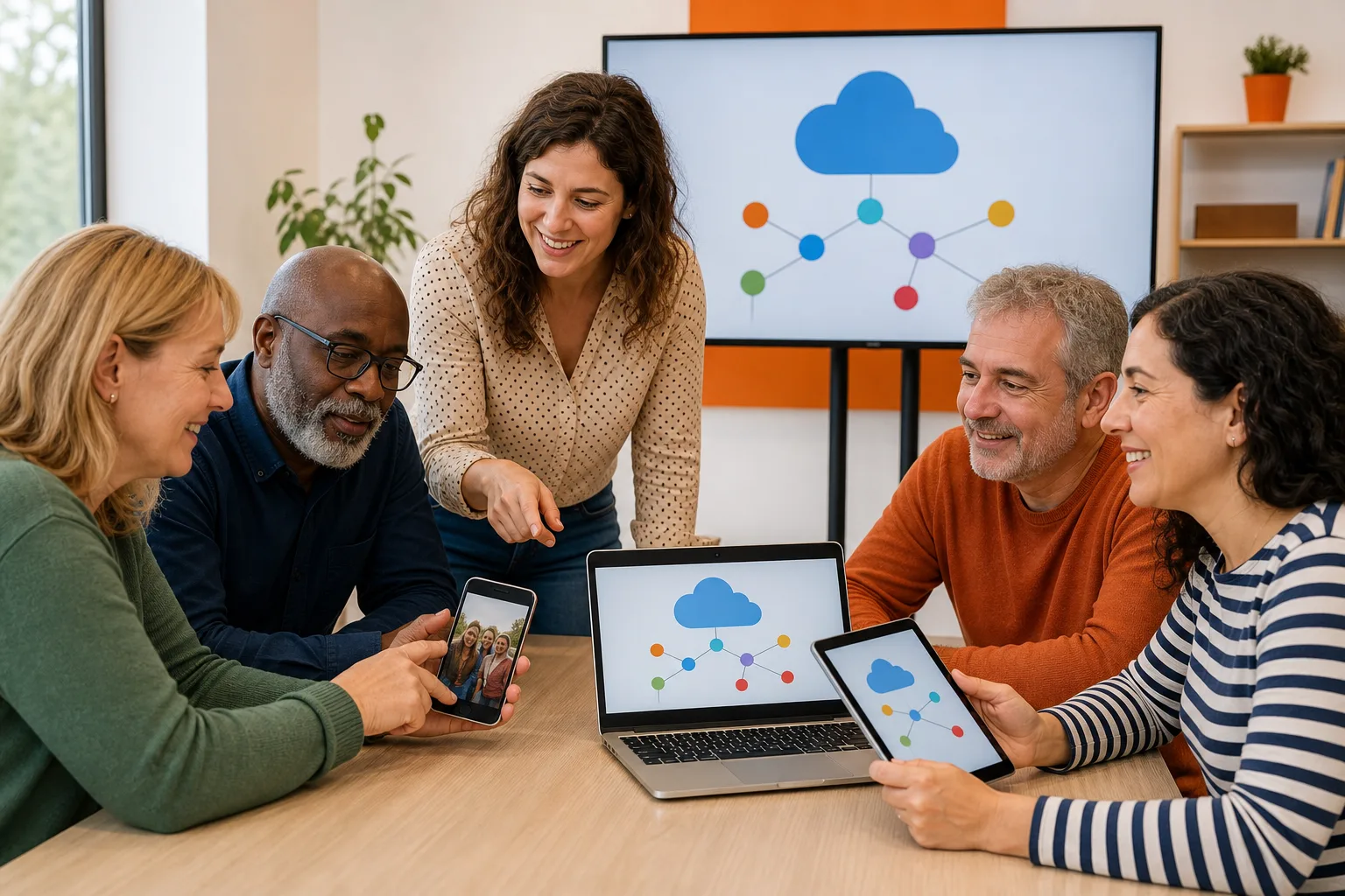 Grupo aprendiendo a compartir contenidos entre dispositivos y servicios en la nube