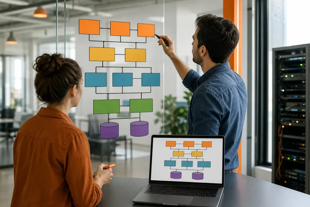 Desarrolladores diseñando la arquitectura por capas de una aplicación web empresarial