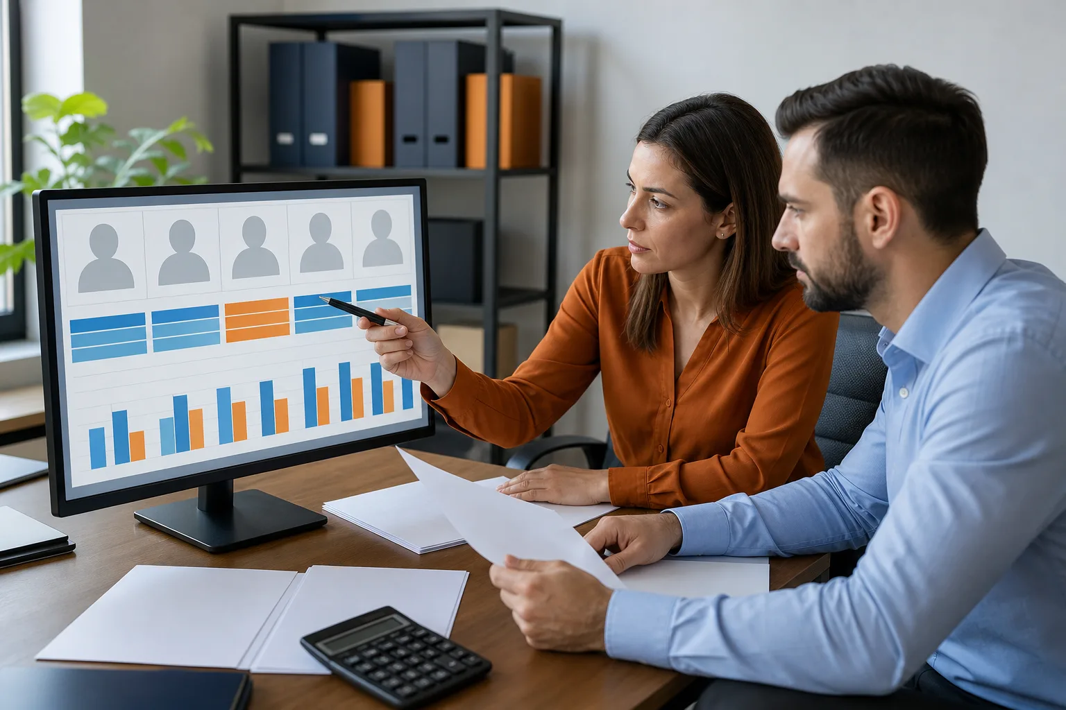 Especialistas de recursos humanos revisando datos y procesos de nómina