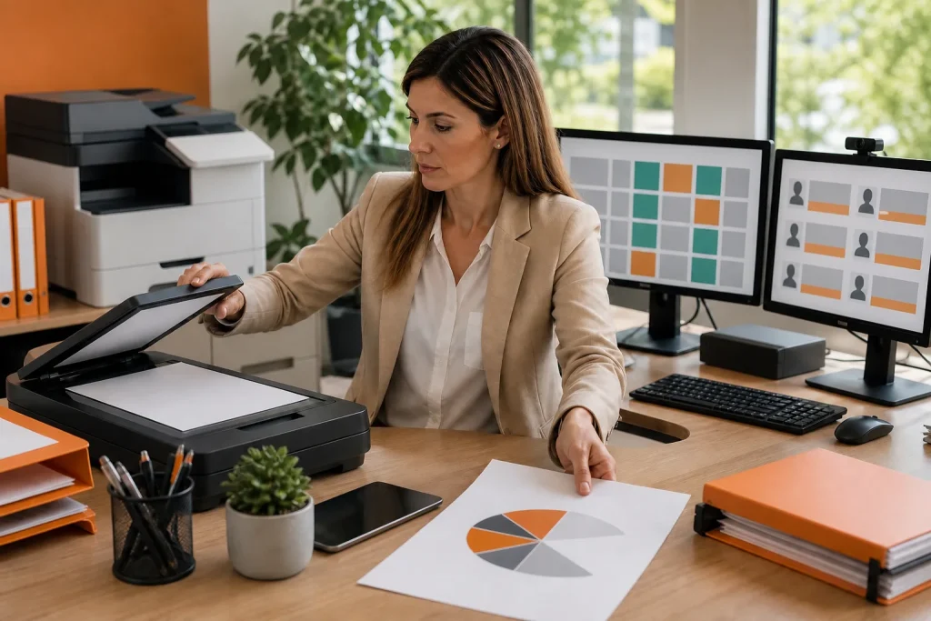 Profesional coordinando documentos, datos y registros con aplicaciones de gestión