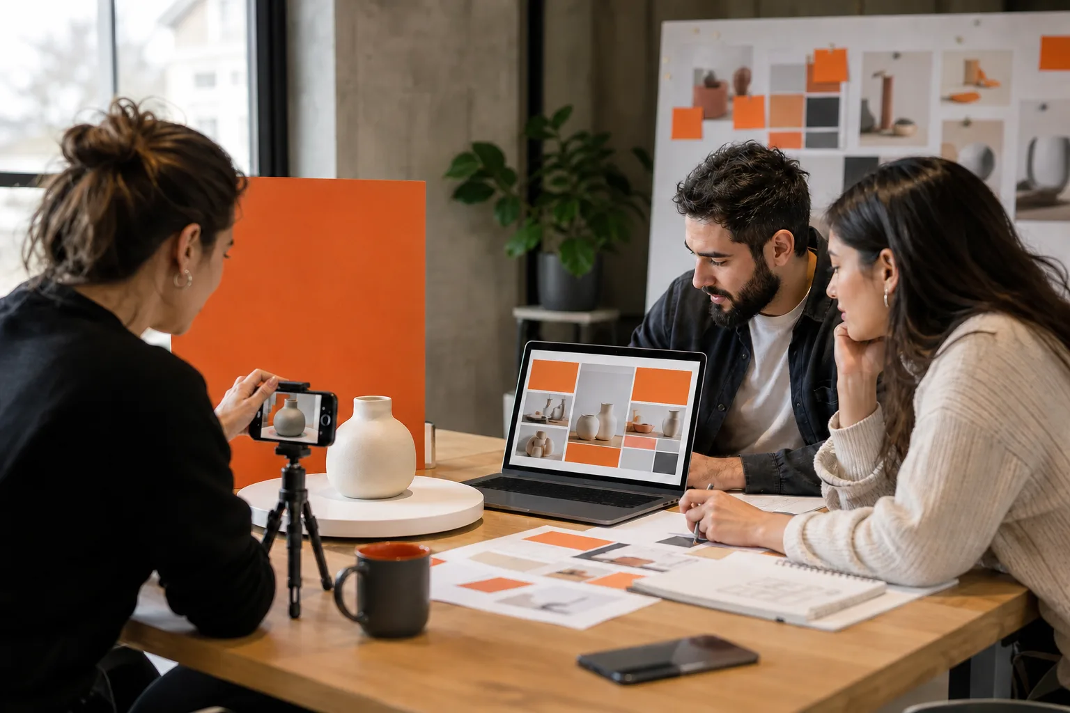 Equipo digital prepara fotografías de producto y una campaña corporativa para redes sociales.