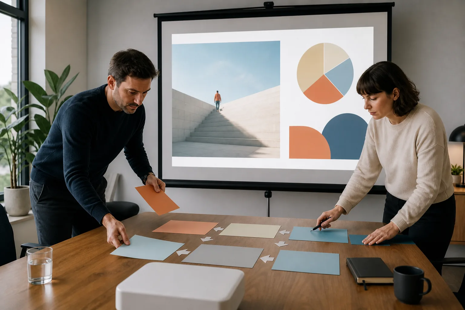 Profesionales preparando el diseño y la secuencia de una presentación gráfica