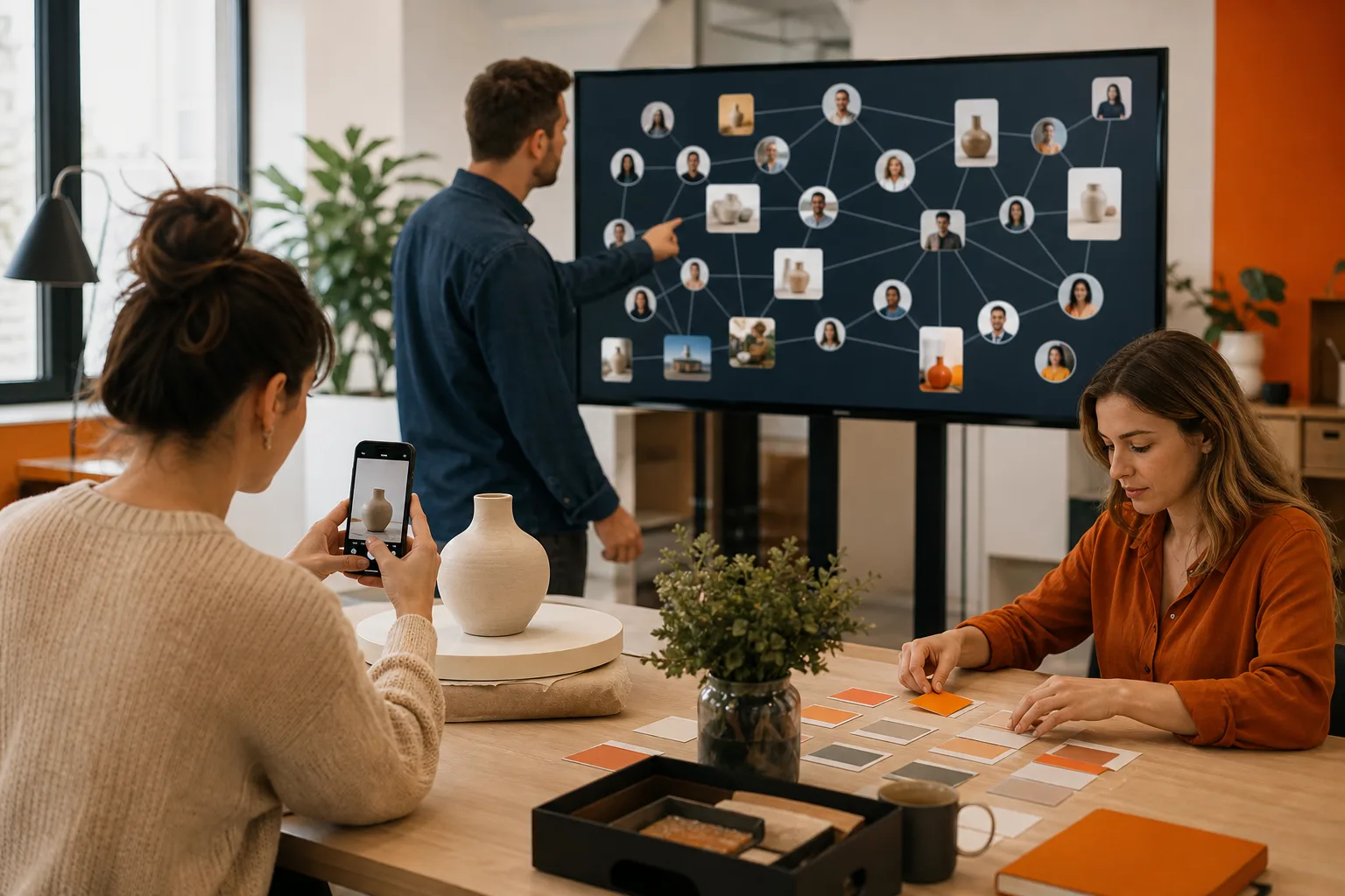 Equipo creando contenidos y analizando conexiones sociales para una empresa