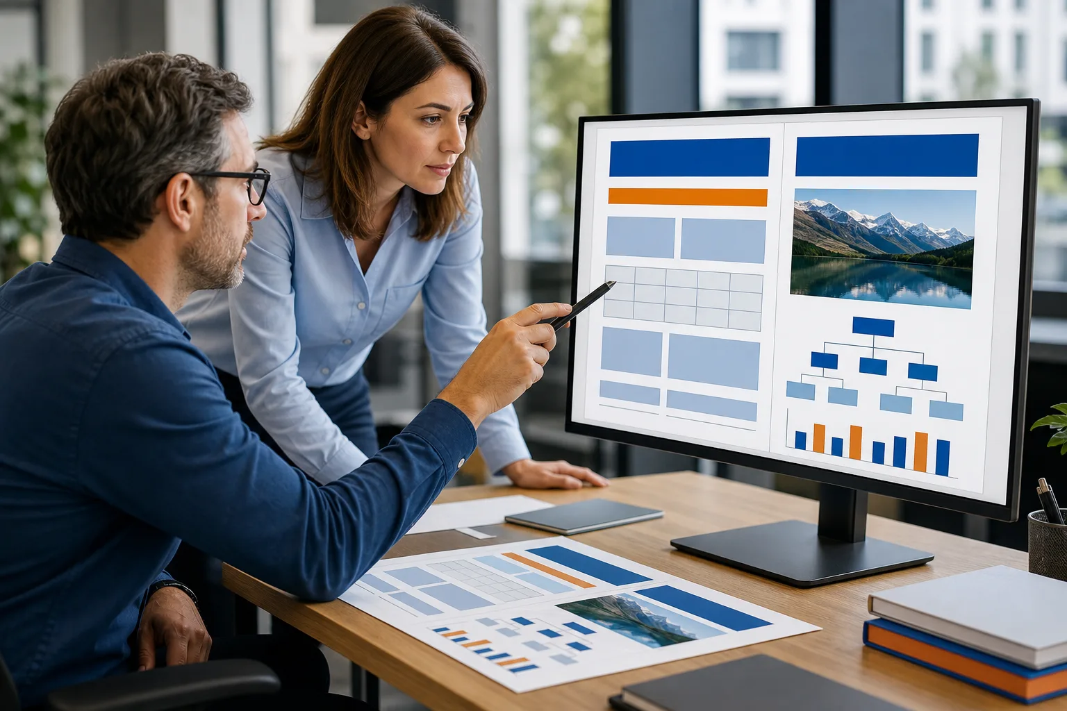 Profesionales diseñando tablas, gráficos y estructuras en un documento avanzado