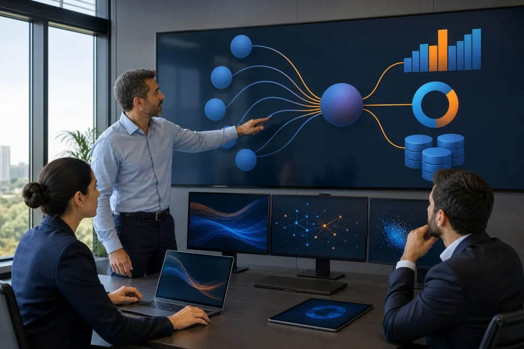 Equipo integrando información corporativa para planificación, análisis y decisiones