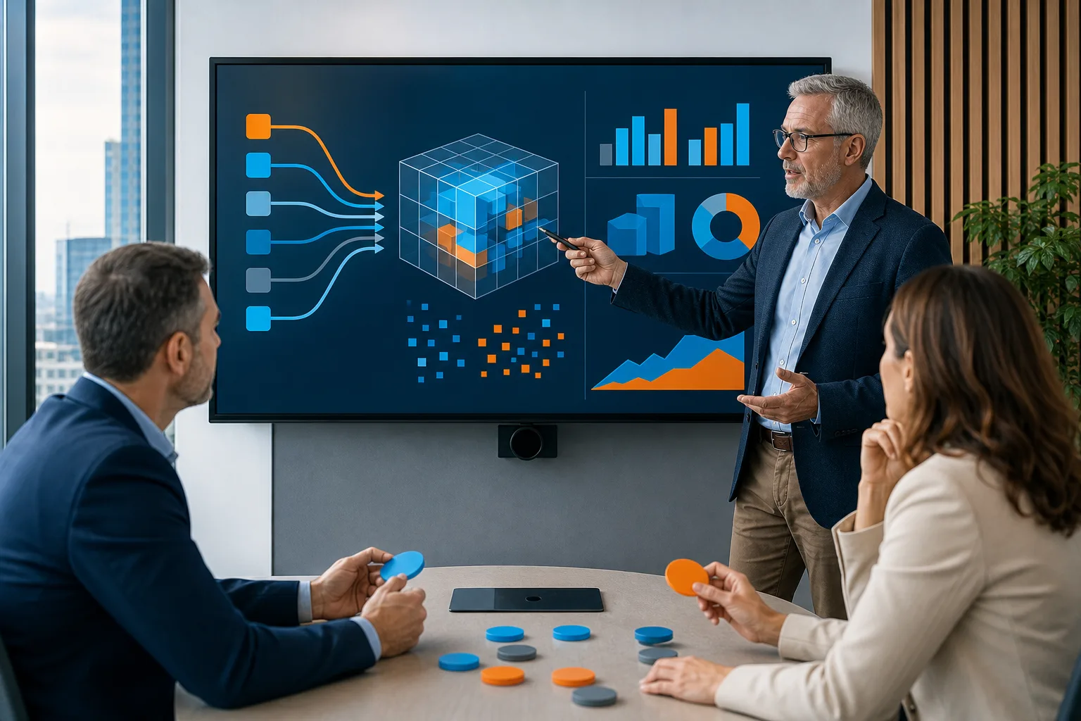 Analista presentando un flujo de datos multidimensional para inteligencia de negocio
