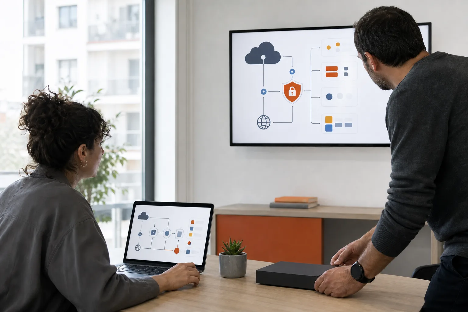 Dos profesionales configuran sistemas digitales y conexiones seguras en una oficina.