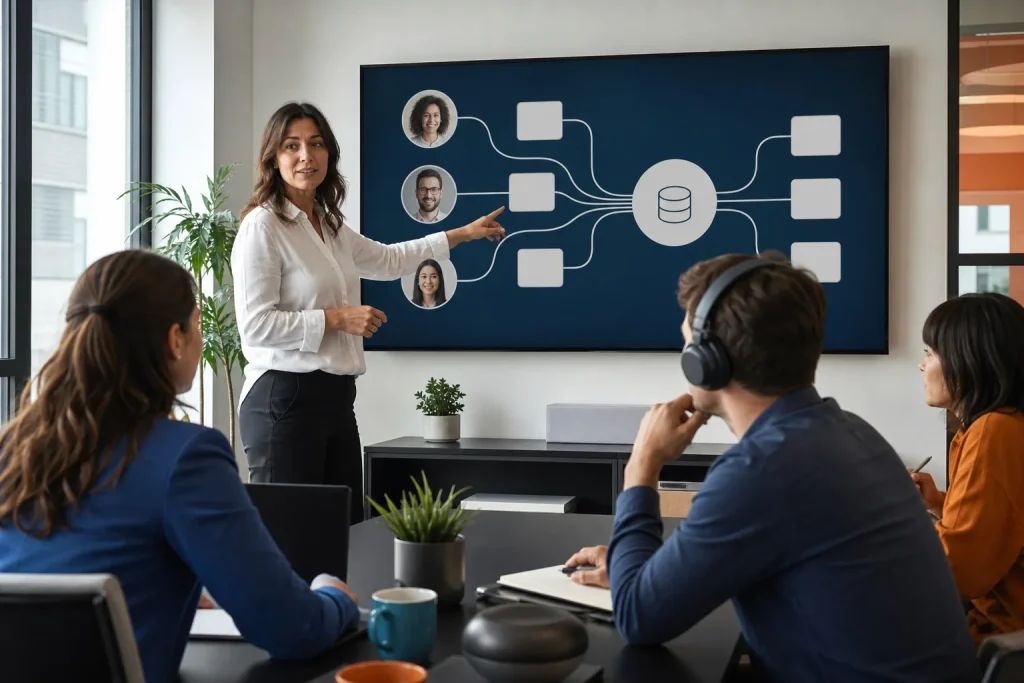 Equipo conectando experiencia e información en una base de conocimiento empresarial